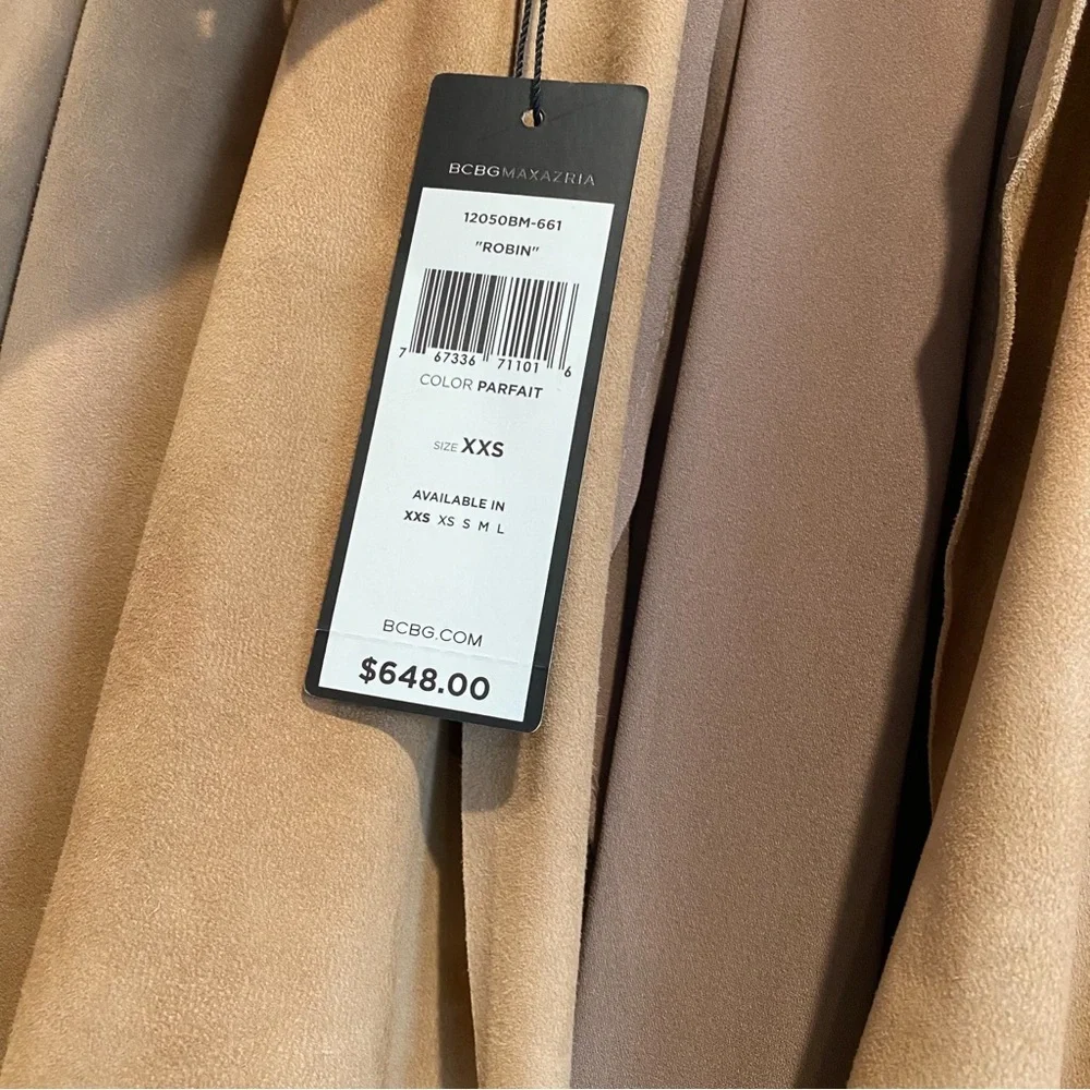 $648‼️BCBGMaxAzria Suede Camel Draped Blazer Coat Jacket Minimalist Quite Luxury - Picture 11 of 12